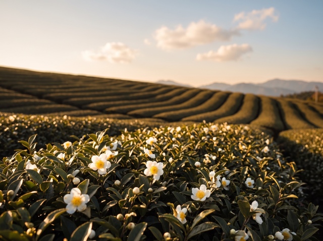 茶の花が咲く秋の茶畑