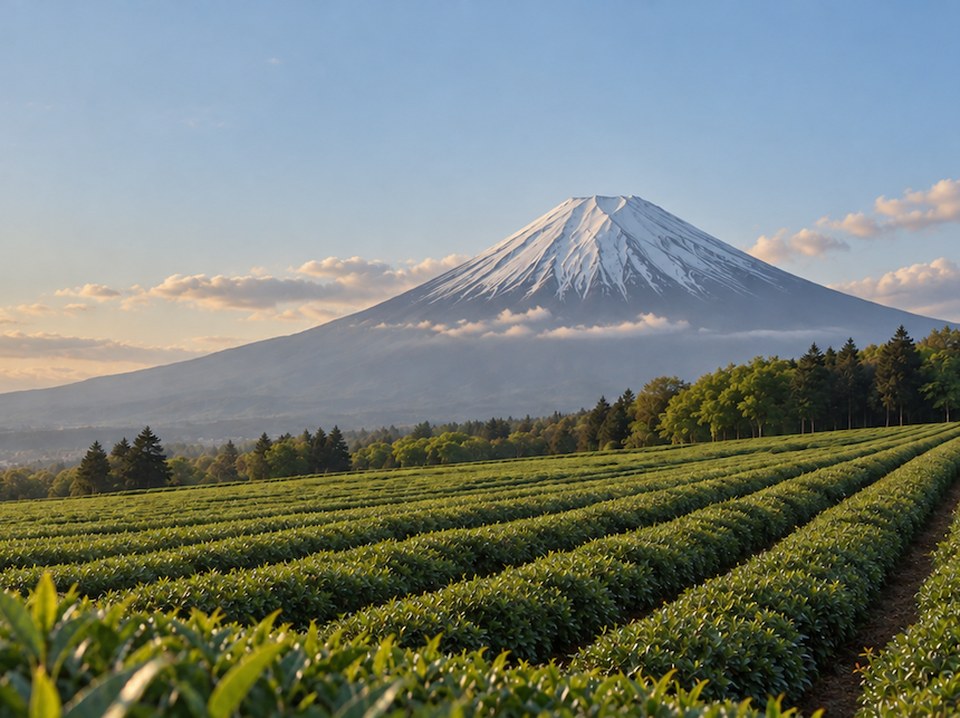 富士山を望む冬の茶畑