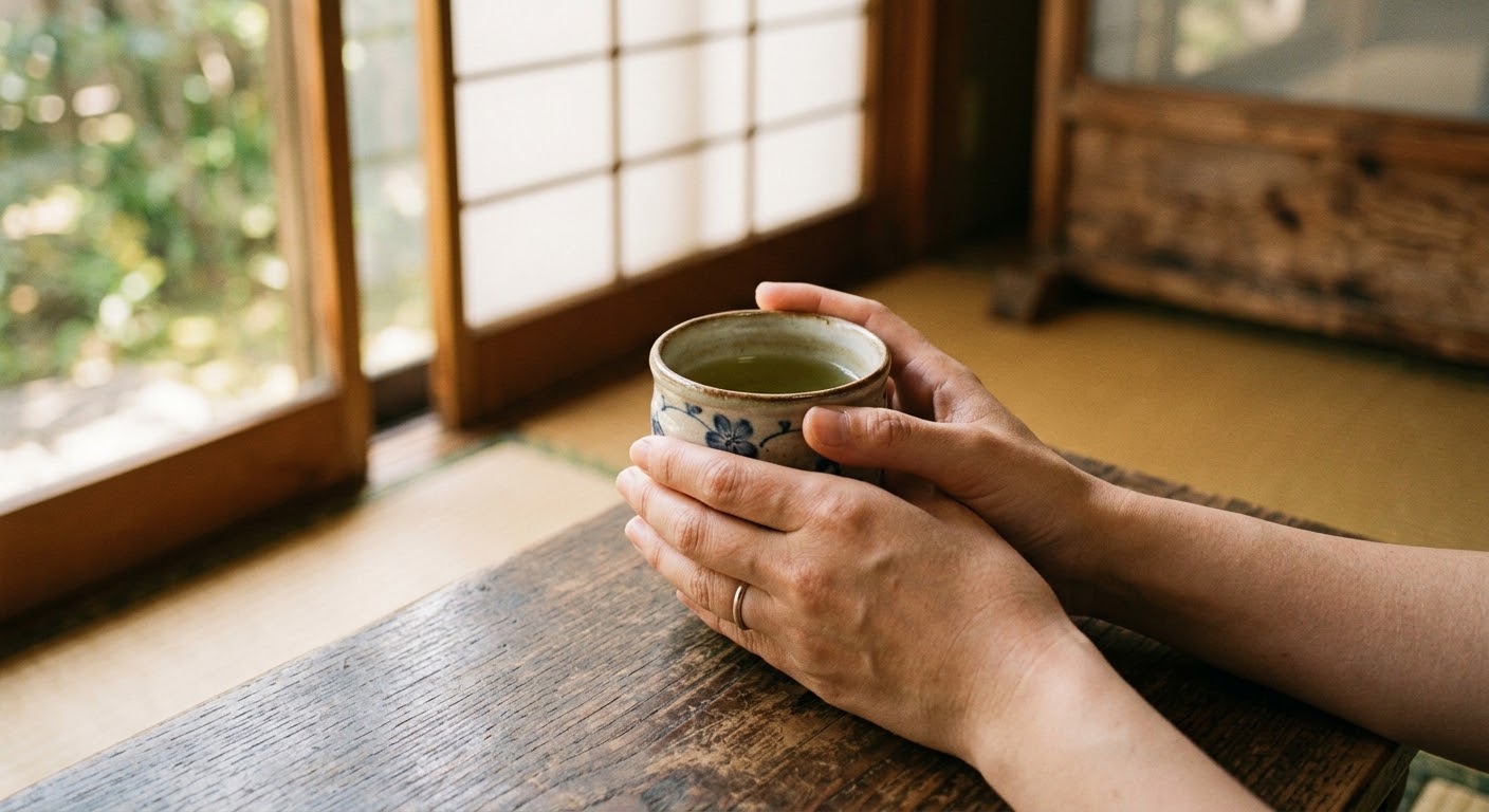 両手で湯呑みを包んでお茶を飲む様子